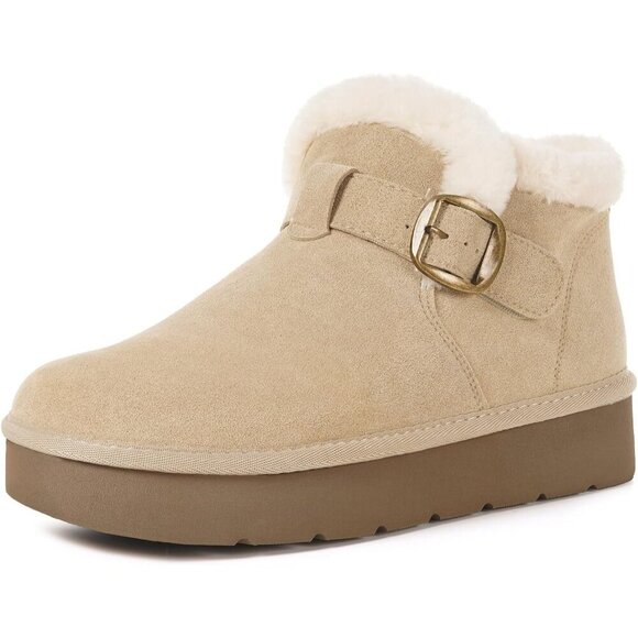 Shoes - Women's Snow Winter Warm Hook Loop Ankle Faux Fur Lining Tan Booties Shoes